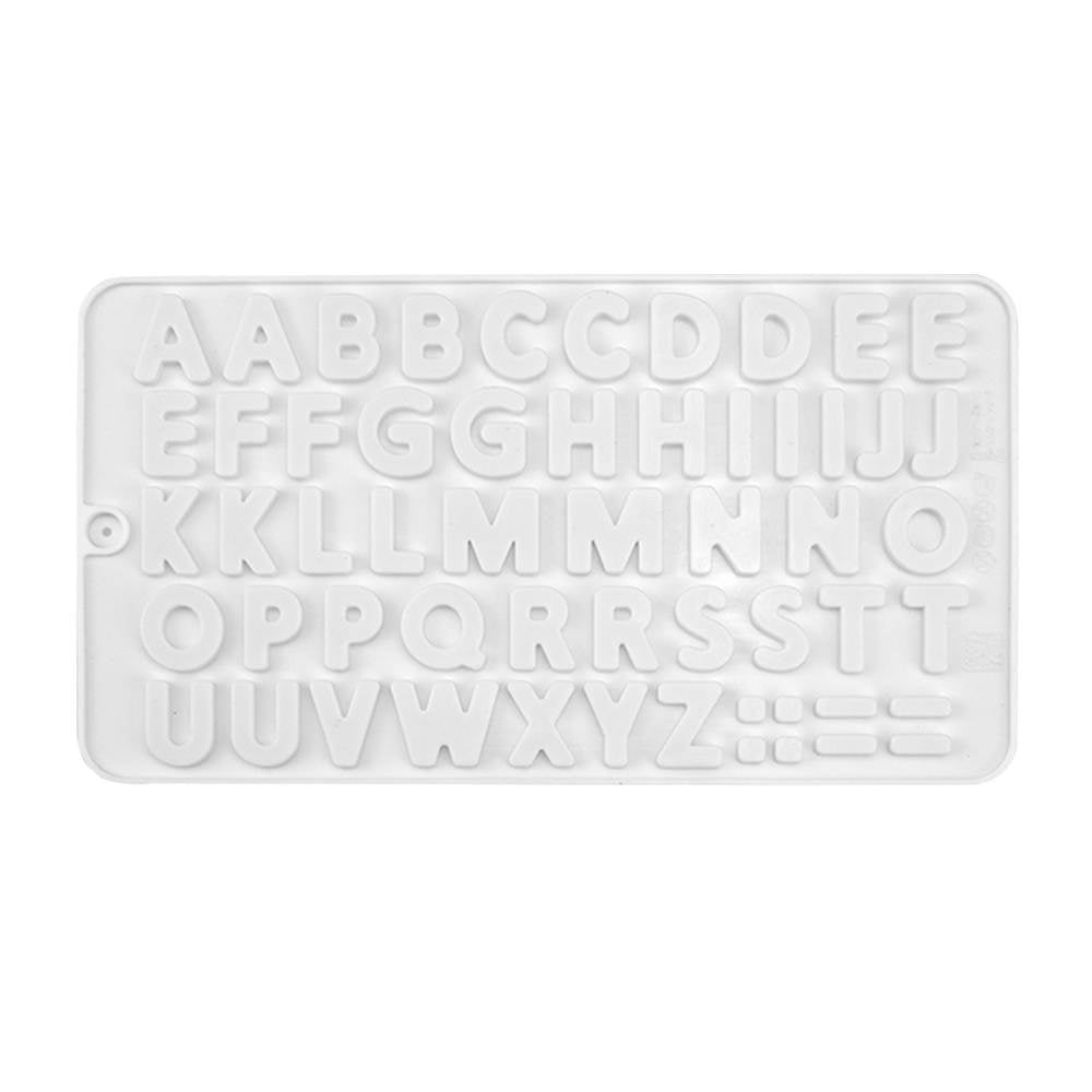 The image shows a white silicone mold designed for baking or crafting, featuring the entire English alphabet (A to Z) in uppercase letters. Each letter is clearly outlined and arranged in rows, with additional symbols (two horizontal lines) positioned at the bottom. The mold has a rectangular shape with a small hole for hanging or easy handling.