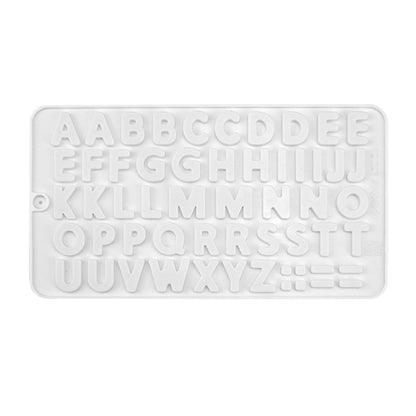 The image shows a white silicone mold designed for baking or crafting, featuring the entire English alphabet (A to Z) in uppercase letters. Each letter is clearly outlined and arranged in rows, with additional symbols (two horizontal lines) positioned at the bottom. The mold has a rectangular shape with a small hole for hanging or easy handling.