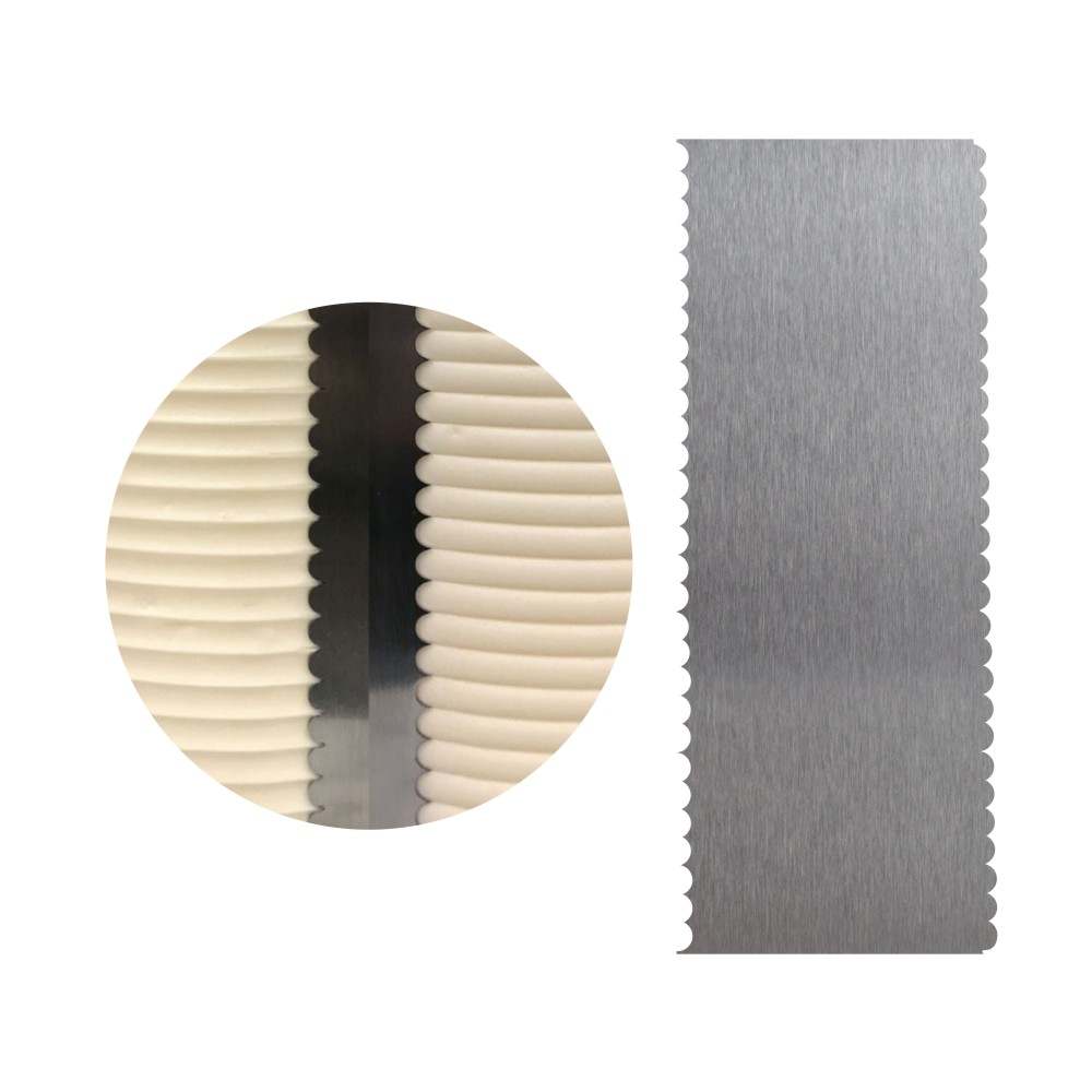 An image featuring a stainless steel scraper with a smooth, shiny surface and a scalloped edge on one side. The scraper is shown next to a circular close-up of a textured surface with raised, rounded lines, likely made of a soft material. The background is plain and white, emphasizing the scraper and the texture.