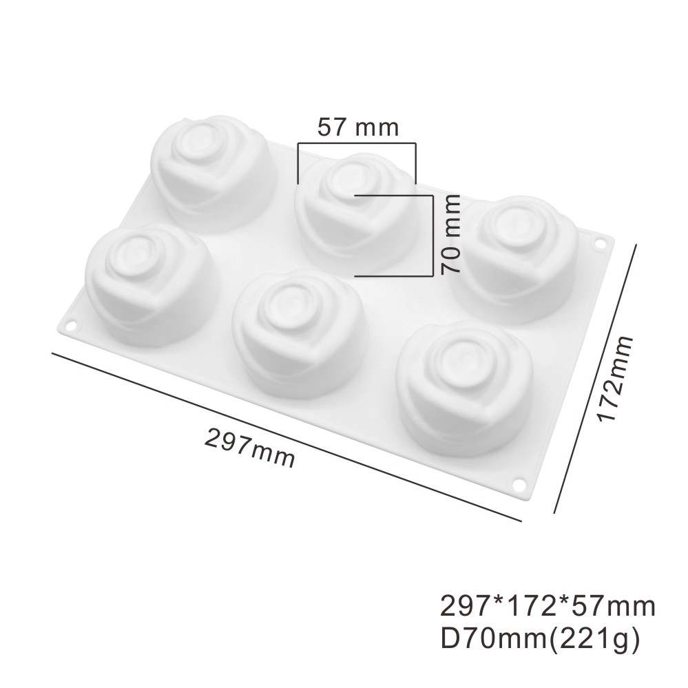 This image features a white silicone mold designed to create rose-shaped items. The mold has six cavities, each shaped like a rose. The dimensions of the mold are indicated: 297 mm in length, 172 mm in width, and 57 mm in height, with each rose cavity measuring 70 mm in diameter. The mold appears flexible and is suitable for crafting or baking purposes.