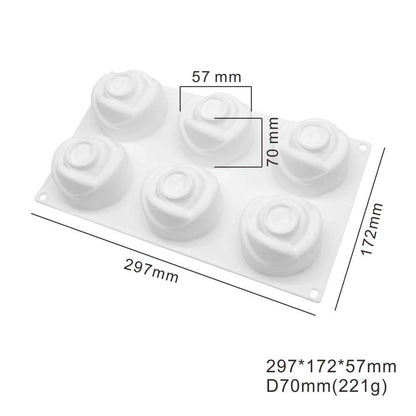 This image features a white silicone mold designed to create rose-shaped items. The mold has six cavities, each shaped like a rose. The dimensions of the mold are indicated: 297 mm in length, 172 mm in width, and 57 mm in height, with each rose cavity measuring 70 mm in diameter. The mold appears flexible and is suitable for crafting or baking purposes.