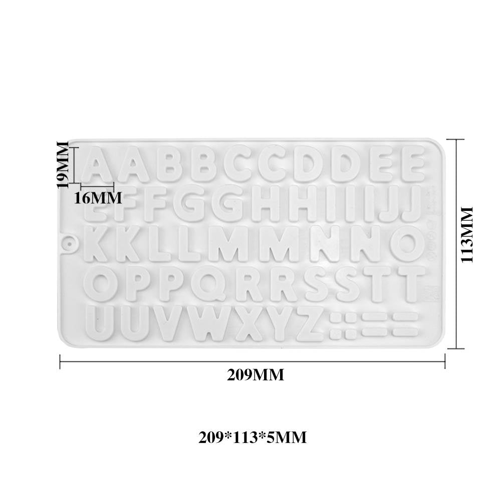 The image displays a white silicone mold designed for creating alphabet shapes. The mold features all 26 letters of the English alphabet, each represented in uppercase form. The letters are arranged in rows, with the dimensions of the mold indicated as 209 mm in width, 113 mm in height, and 5 mm in depth. There are also measurements shown for the height of the letters at 16 mm and an additional height of 19 mm. The mold is suitable for use in baking or crafting.