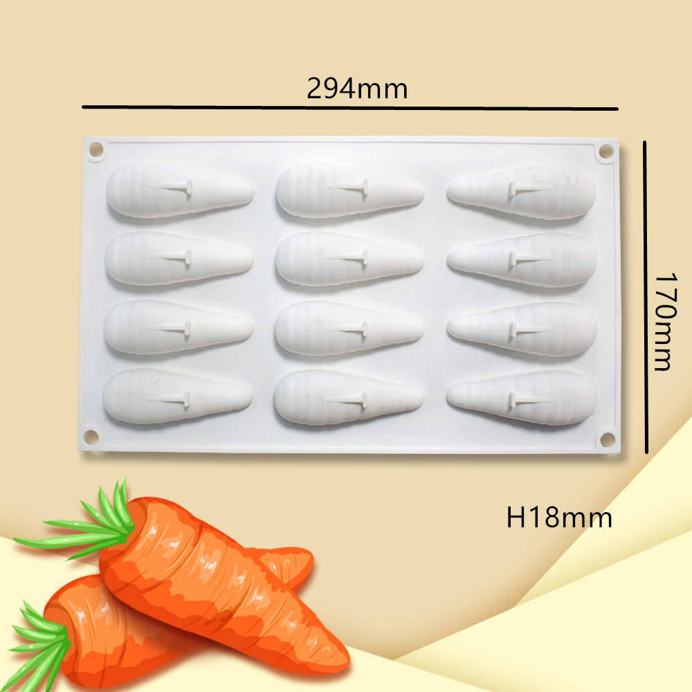 A white silicone mould designed to create 3D carrot shapes, featuring 12 cavities arranged in two rows. Each cavity mimics the shape of a carrot, with detailed ridges. The dimensions of the mould are labeled: 294mm wide, 170mm high, and 18mm deep. In the lower corner, there are two illustrated carrots with green tops.
