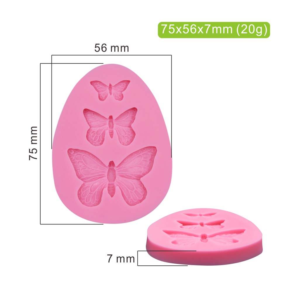 "A pink silicone mould designed to create butterfly shapes. The mould features three butterfly designs and measures 75 mm in height, 56 mm in width, and 7 mm in depth. A smaller circular mould with two butterfly designs is also visible. The dimensions and weight are indicated in the top right corner."