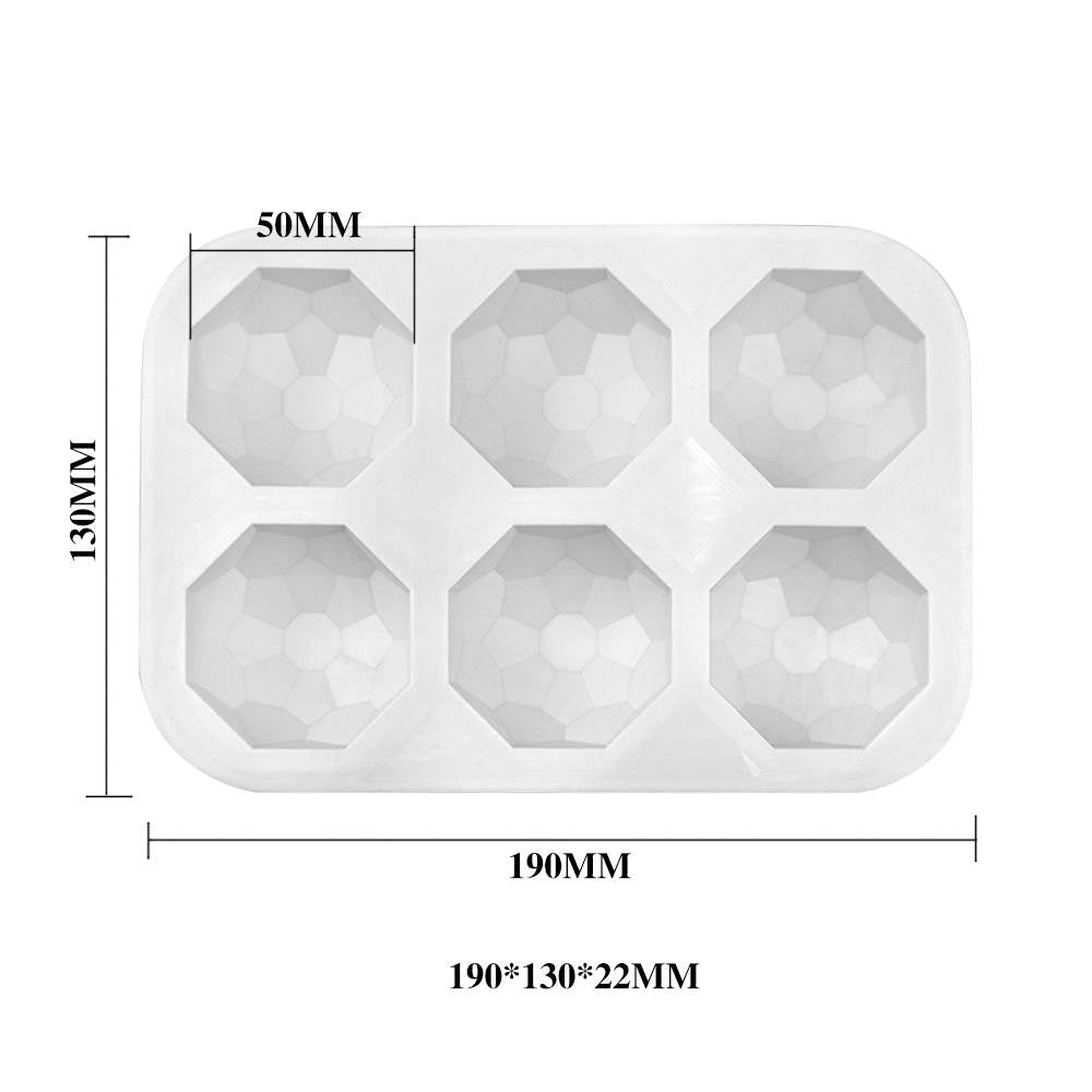 A white silicone mold featuring six diamond-shaped cavities. The mold dimensions are labeled, measuring 190mm x 130mm x 22mm, with each cavity approximately 50mm wide. The interior of each cavity has a faceted design, resembling a diamond.