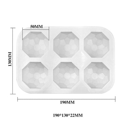 A white silicone mold featuring six diamond-shaped cavities. The mold dimensions are labeled, measuring 190mm x 130mm x 22mm, with each cavity approximately 50mm wide. The interior of each cavity has a faceted design, resembling a diamond.