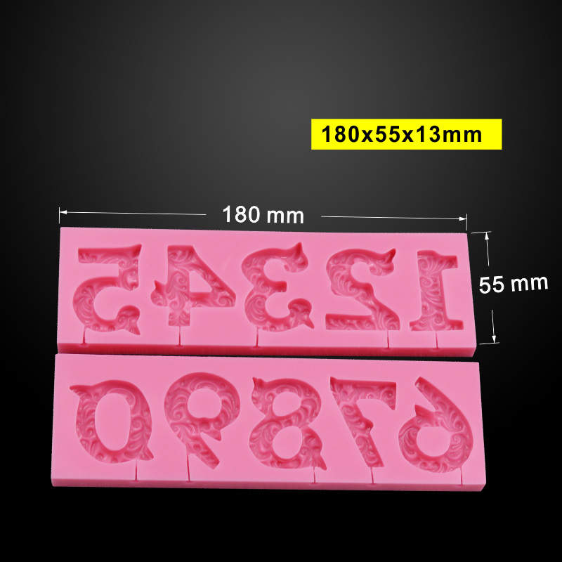 The image shows a pink silicone mold designed for creating 3D number toppers. The mold contains the numbers 0 through 9, with intricate designs on their surfaces. It is displayed against a dark background, with dimensions labeled as 180 mm in length, 55 mm in width, and 13 mm in height.