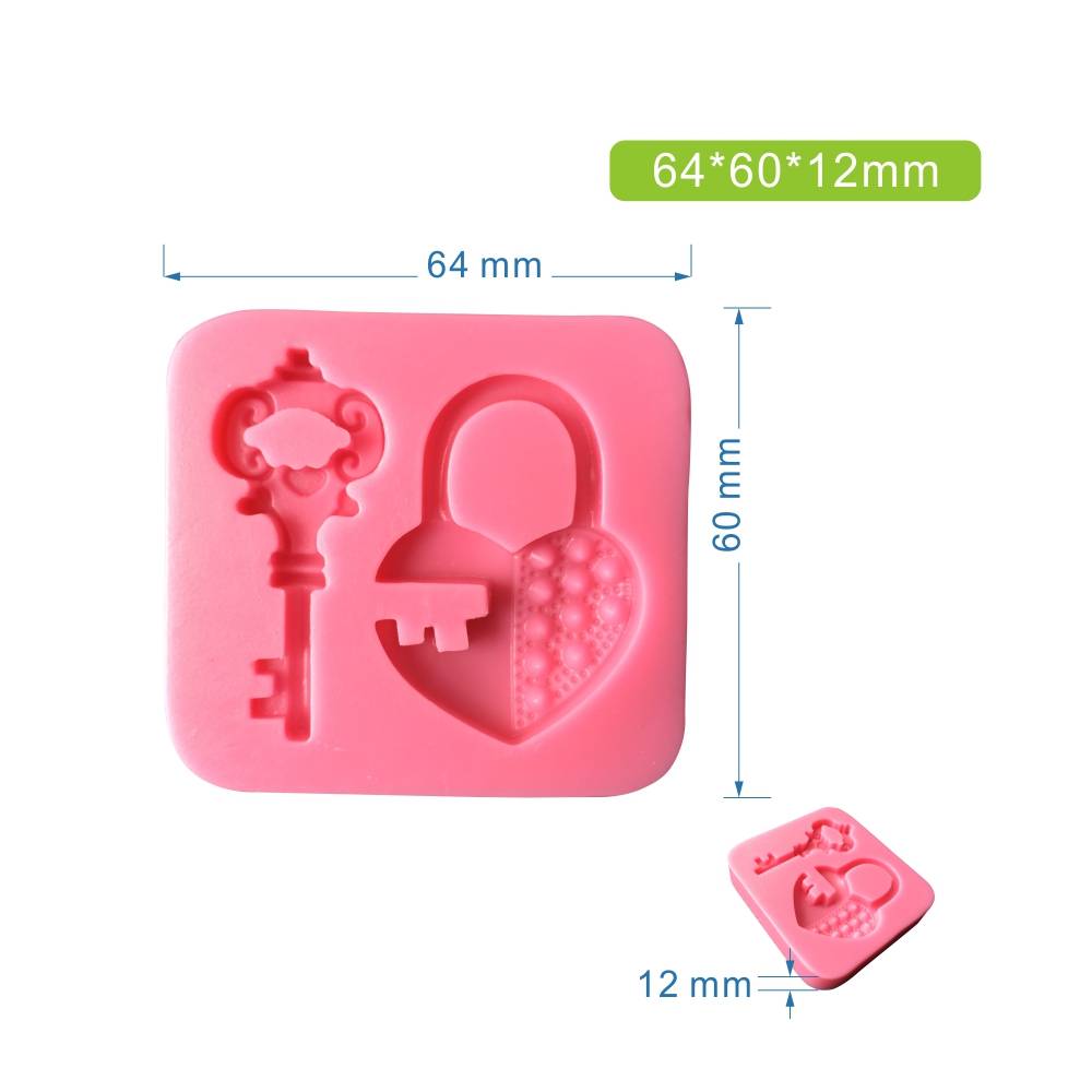 A pink silicone mold featuring a heart-shaped padlock and a key design. The mold is rectangular, measuring 64 mm by 60 mm and has a depth of 12 mm. The key is located on the left side of the mold, while the heart-shaped lock is on the right. The dimensions of the mold are indicated in the top right corner.