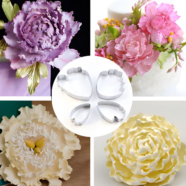 A collage featuring a set of four petal cutters arranged in a circle at the center. Surrounding the cutters are various flower creations made from fondant or similar materials, showcasing intricate designs. The flowers include a purple peony with green leaves, a pink bouquet, a white flower with a yellow center, and a yellow flower with layered petals. The overall image highlights the versatility and artistic potential of the petal cutter set.