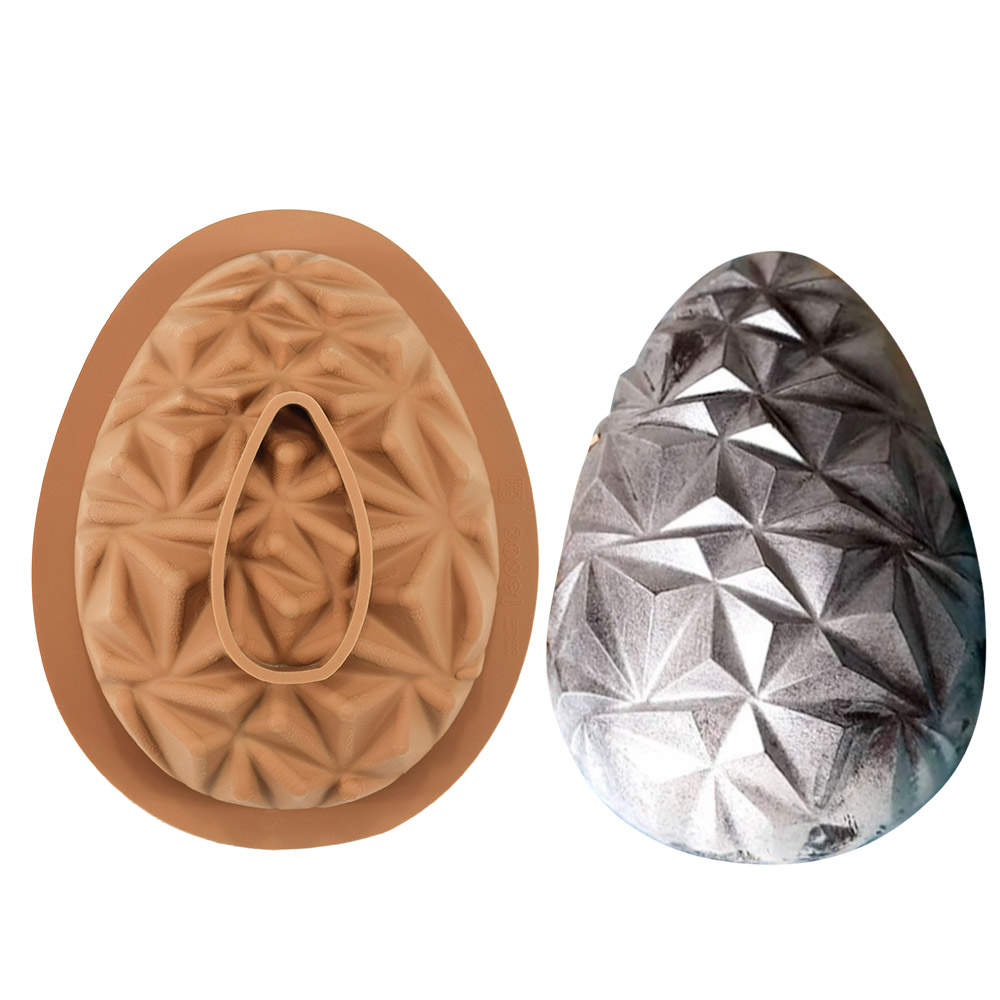A silicone mould shaped like an egg is shown on the left, featuring a detailed diamond pattern in a light brown color. On the right, there is a finished product that appears shiny and metallic, showcasing the same diamond design. The two items are positioned side by side, highlighting the mould and the resulting shaped item.