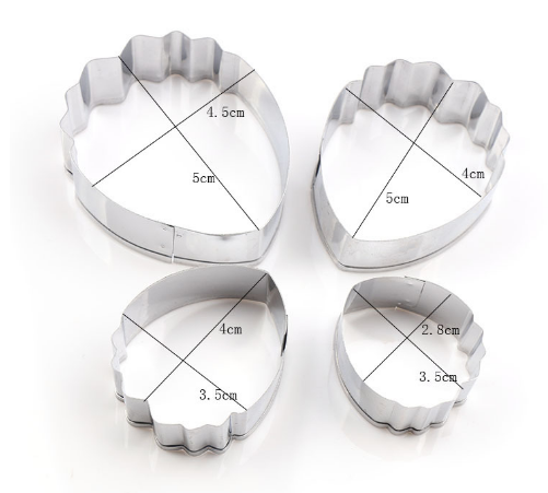 A set of four metal peony petal cutters of varying sizes. The largest cutter is an elongated leaf shape, measuring 5 cm wide by 4.5 cm tall. The second cutter is also leaf-shaped, measuring 5 cm wide by 4 cm tall. The third cutter is slightly smaller, at 4 cm wide by 3.5 cm tall, and the smallest cutter measures 2.8 cm wide. All cutters feature a scalloped edge and are arranged on a white background.