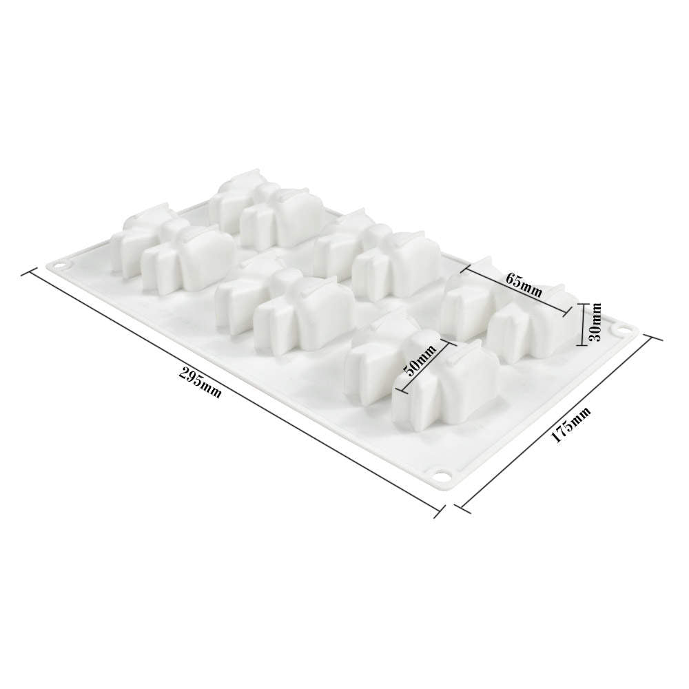 The image shows a white silicone mould designed for making bow-shaped items. The mould features multiple cavities in the shape of bows, arranged in a rectangular tray. The dimensions of the mould are indicated, measuring 295mm in width, 175mm in height, and 30mm in depth. Each bow-shaped cavity appears to be about 65mm wide and 50mm deep. The mould has rounded edges and small holes in the corners for hanging or securing.