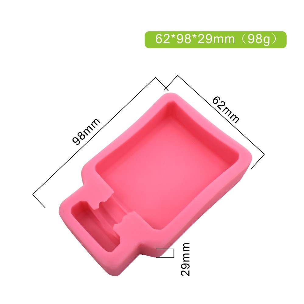 A pink silicone mould shaped like a perfume bottle, featuring dimensions of 62mm x 98mm x 29mm. The mould is designed with a slight indentation for a nozzle and has a smooth interior surface. The total weight is 98 grams.