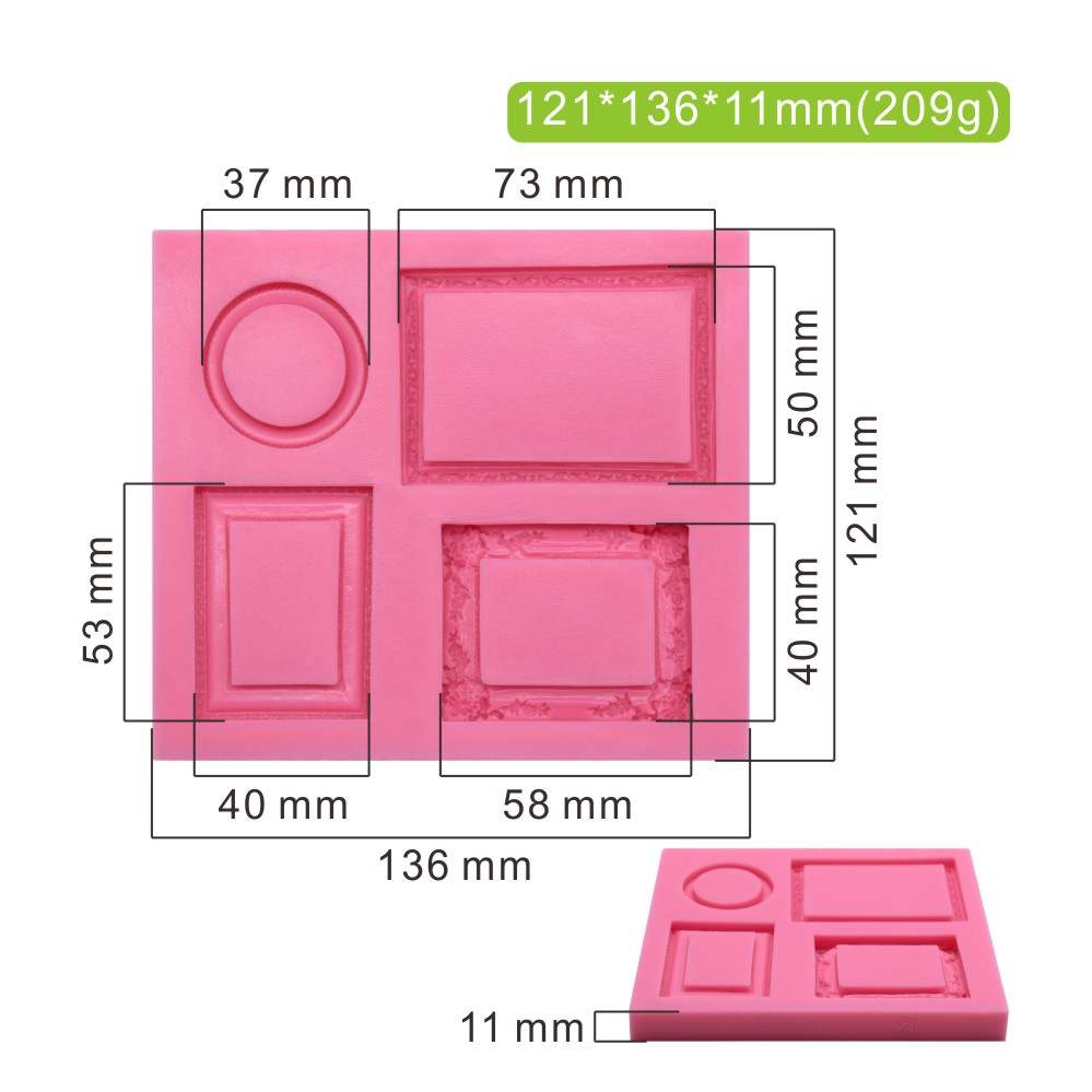 A pink silicone mold designed for creating square frames and a circular shape. The mold features several cavities with dimensions labeled: a circular cavity with a diameter of 37 mm, a rectangular frame of 73 mm by 50 mm, and various other shaped cavities, with the overall dimensions of the mold being 121 mm by 136 mm and a thickness of 11 mm. Each cavity has specific measurements indicated alongside them.