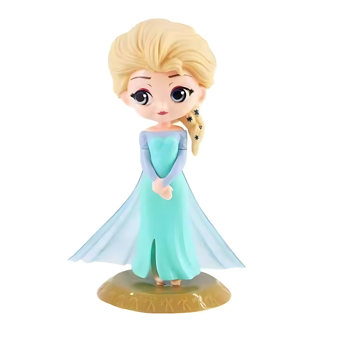 A figurine of a princess character stands with a gentle smile. She has long, blonde hair styled in a braid and is wearing a light blue gown with long sleeves and a flowing skirt. The figurine is set on a light-colored base, giving it stability. The design is whimsical, making it an appealing cake topper for a themed celebration.