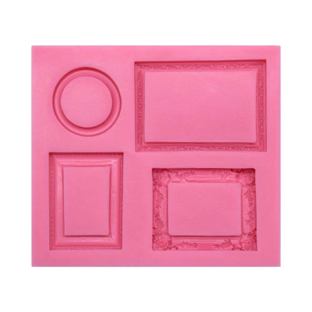A pink silicone mold featuring various frame shapes, including a circular frame and three rectangular frames with different designs. The mold has intricate detailing on the edges of the frames.