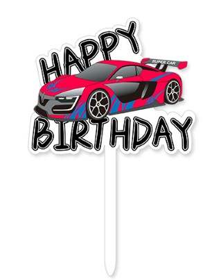 A vibrant cake topper featuring a stylized illustration of a red and blue sports car with the text &quot;HAPPY BIRTHDAY&quot; above it in bold, playful font. The topper includes a white stick for insertion into a cake.