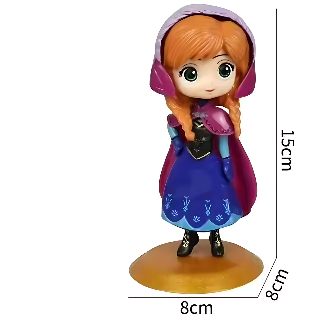 A colorful princess figurine cake topper, approximately 15 cm tall and 8 cm wide, featuring a character with orange hair styled in braids. She wears a purple hood and a vibrant dress with a blue bodice and a flowing purple skirt adorned with floral designs. The figurine stands on a circular golden base.