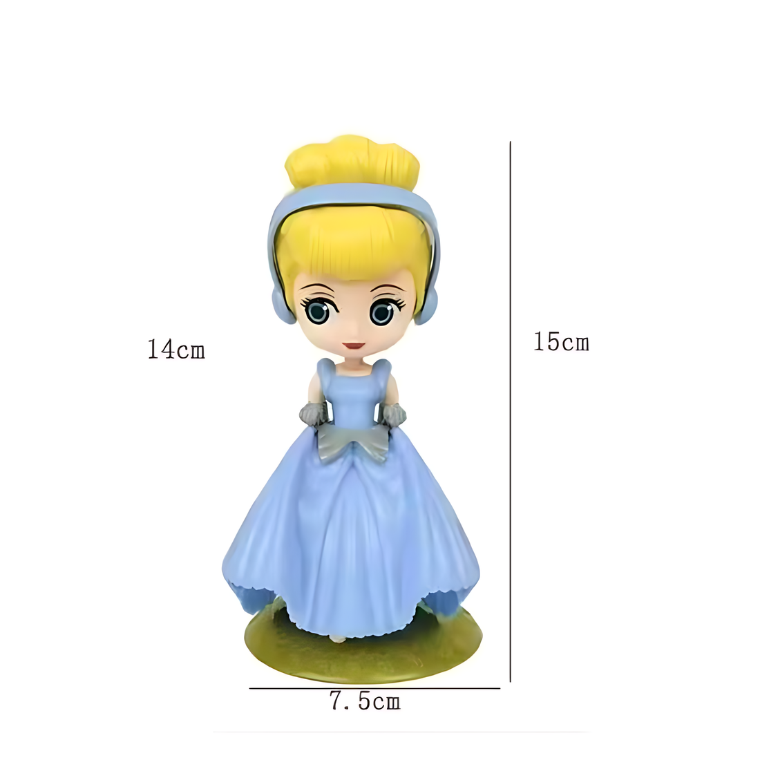 This image features a figurine of a princess character, depicted with a cheerful expression. She has blonde hair styled in a bun and is wearing a light blue dress with a long skirt and a gray bow. The figurine stands on a small base and is approximately 14 cm tall and 7.5 cm wide, set against a plain white background. The design is colorful and detailed, making it suitable as a cake topper for themed celebrations.