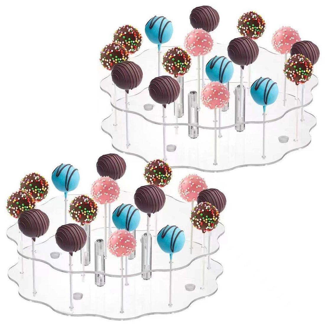 A transparent acrylic display stand featuring two tiers, each holding various colorful cake pops. The cake pops are topped with chocolate coatings, sprinkles, and different colors, including pink, blue, and brown. Each cake pop is presented on a stick and arranged in 15 holes across the two tiers of the stand.