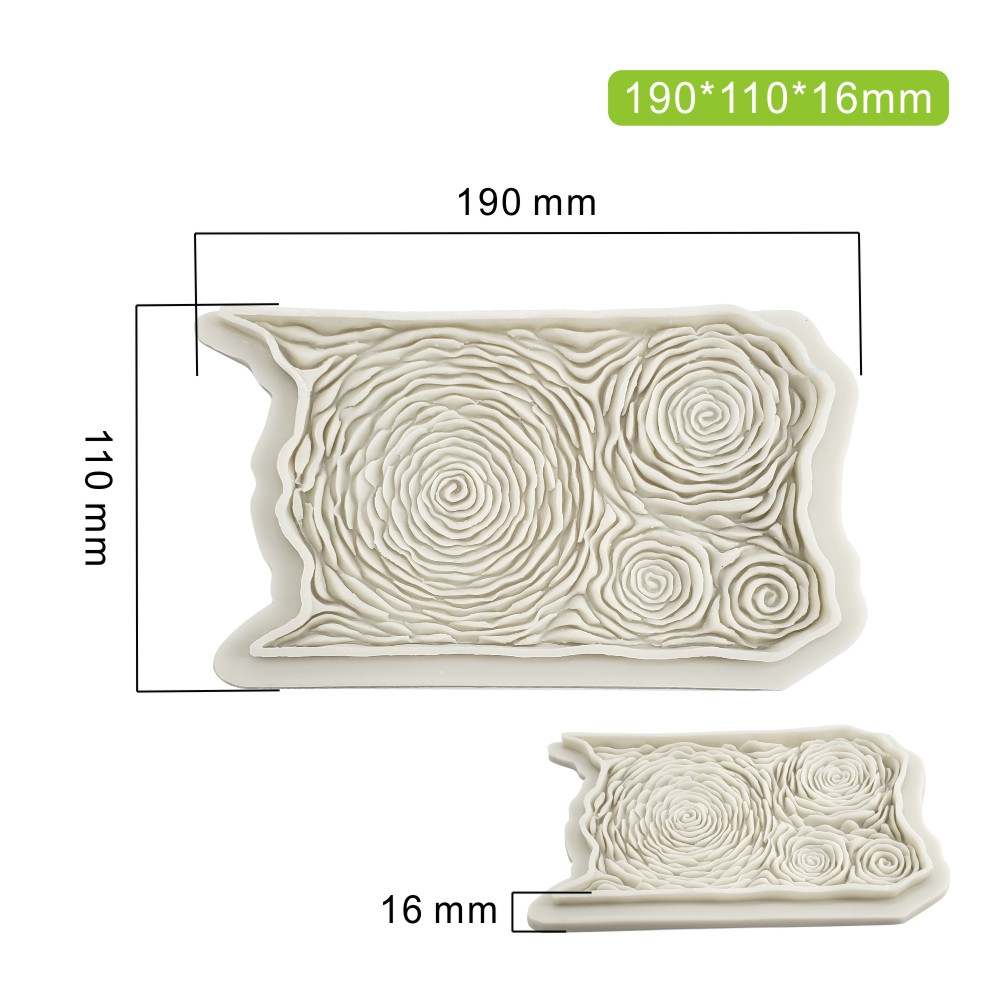 The image displays a rose flower silicone mold. The mold is rectangular with a textured design that resembles swirling roses. It has dimensions labeled as 190 mm in length, 110 mm in width, and 16 mm in height. There is a smaller version of the mold depicted beneath the larger one, with a height of 16 mm. The design features intricate details of rose shapes that would create a floral pattern when used for molding.