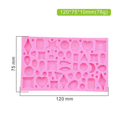 A pink silicone mold featuring various gemstone shapes and sizes, including stars, hearts, ovals, diamonds, and other geometric forms. The mold measures 120mm by 75mm and is 10mm thick. It includes detailed impressions designed for crafting or baking.