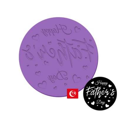 The image features a round, purple fondant embosser cookie stamp. The stamp has the text &quot;Happy Father&