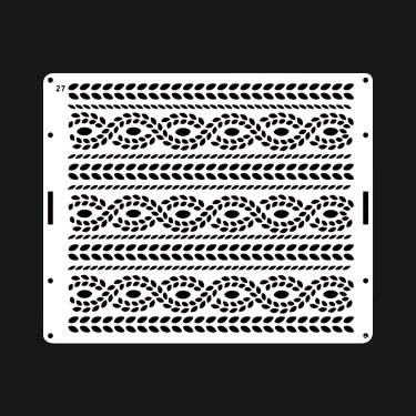 The image shows a white cake stencil featuring a design with three horizontal rows of decorative patterns. Each row consists of a series of interconnected loops and swirling shapes that resemble ropes or vines. The stencil has cutouts throughout the design, allowing for the decoration of cakes with intricate patterns. The background of the image is black, highlighting the white stencil.