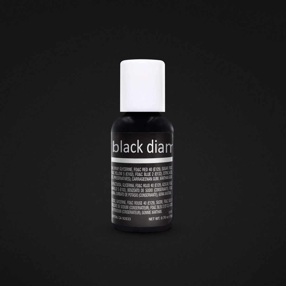 An image of a bottle of Chefmaster Liqua Gel Color in "Black Diamond" is displayed. The bottle is predominantly black with a white cap. The label features the name "black diamond" prominently, along with various ingredients and details printed in white text. The bottle contains 0.7 oz (20 ml) of the product. The background is a solid dark color, emphasizing the bottle and its label.