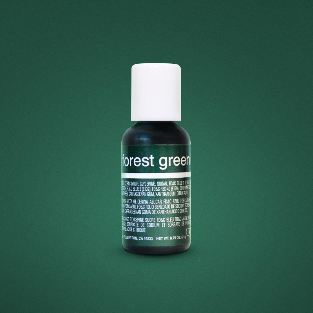 A dark green bottle of Chefmaster Liqua Gel Color in &quot;Forest Green,&quot; 0.7 oz (20 ml). The label features the text &quot;forest green&quot; prominently on the front, with ingredient details in smaller print on the back. The background is a solid dark green color.