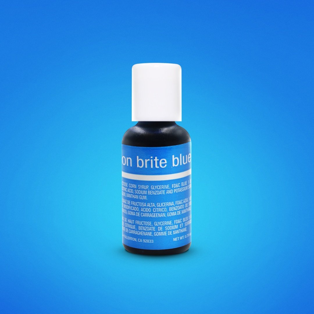 A bottle of Chefmaster Liqua Gel Color in Neon Brite Blue, 0.7 oz (20 ml). The bottle has a white cap and a blue label with the product name and ingredient information. The background is a smooth gradient of blue.