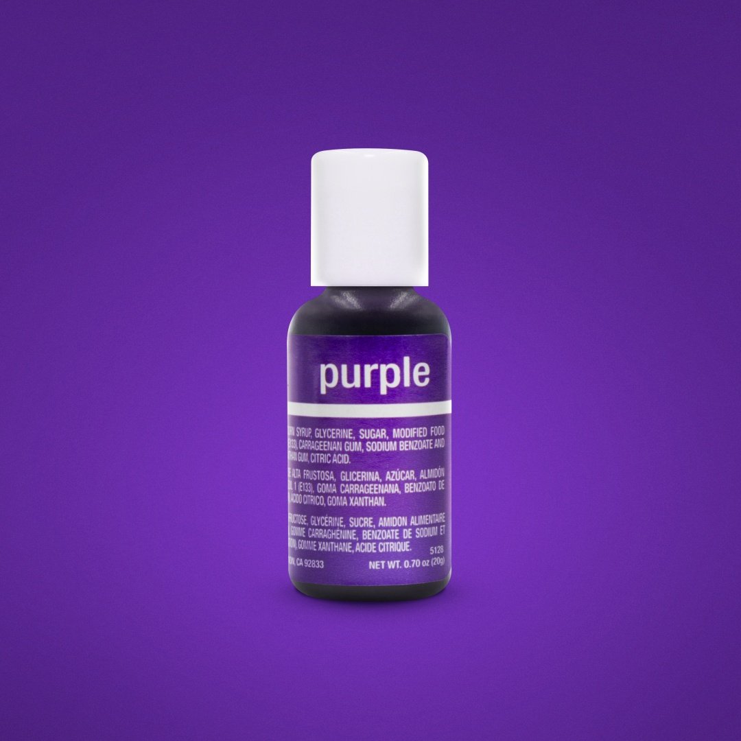 A bottle of Chefmaster Liqua-Gel color in purple, 0.7 oz (20 ml). The bottle has a white cap and features a label that prominently displays the word &quot;purple.&quot; The background is a solid purple color, complementing the product inside. The label includes ingredients in English and Spanish, such as corn syrup, glycerine, sugar, and modified food starch.