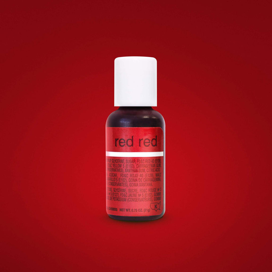 A small bottle of Chefmaster Liqua Gel Color in "Red Red" is displayed against a red background. The bottle is dark with a white screw-on cap. The label features the words "red red" prominently on a red section, along with ingredient information in a smaller font below. The bottle contains 0.75 ounces (21 grams) of product.