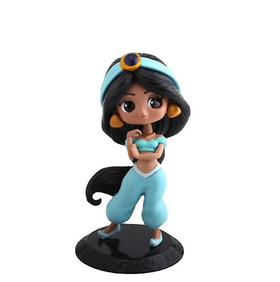 A cute figurine of a princess styled in a light blue outfit, featuring a cropped top and loose pants. The figure has long black hair adorned with a blue headband and a gold jewel, along with large yellow earrings. She stands confidently on a round black base, with one hand on her hip and a playful expression.