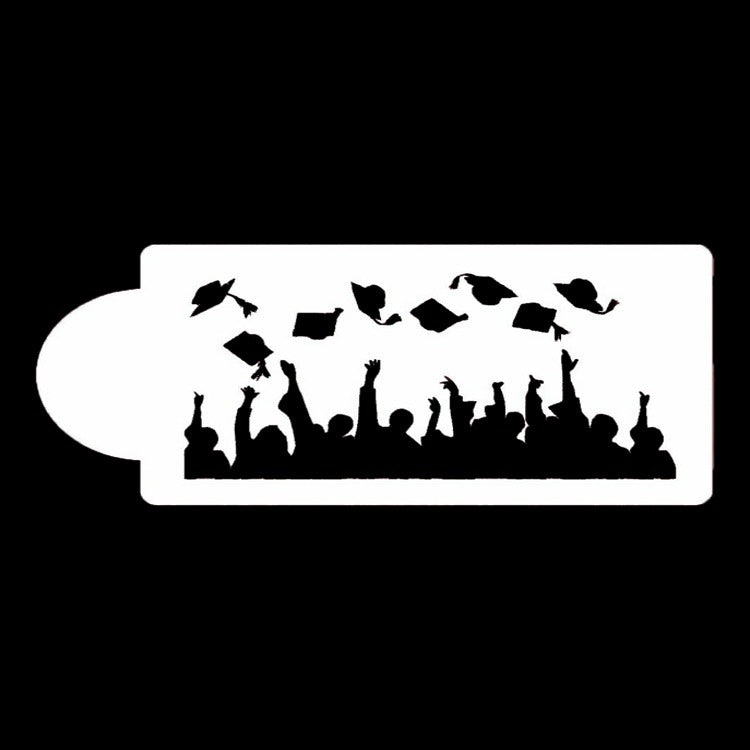 The image features a cake stencil design depicting a graduation scene. It shows a crowd of silhouetted figures with their arms raised, celebrating. Above the crowd, graduation caps are flying in the air, symbolizing the excitement of graduation. The stencil is outlined in white against a black background, with a rounded edge on one side.