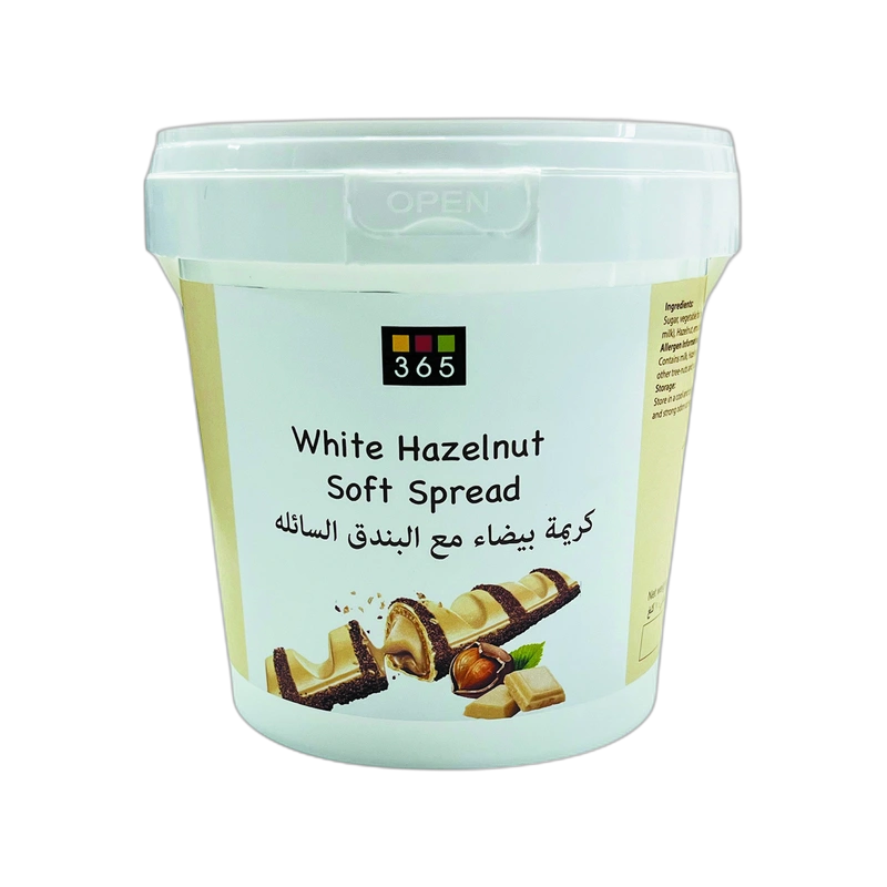 Container of 365 White Hazelnut Soft Spread on a white background