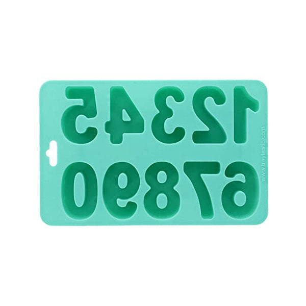 The image shows a turquoise silicone mold used for shaping numbers. The mold features the numbers 0-9 in a playful font, arranged on a flat base with a hanging hole for easy storage. The design is suitable for baking or crafting, allowing the user to create number shapes, likely for cakes or desserts.