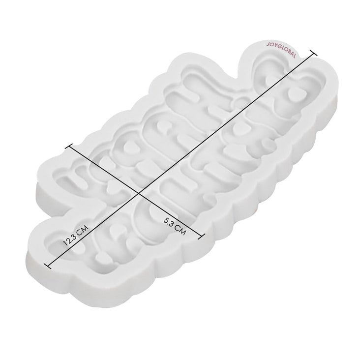 A white silicone mould shaped like the words "Happy Birthday." The mould has a wavy edge and measures approximately 12.3 cm in length and 5.3 cm in width. It is displayed at a slight angle to show its depth and design.
