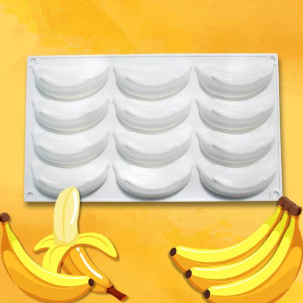 A white 3D silicone mold designed to shape items in the form of bananas. The mold contains multiple banana-shaped cavities arranged in two rows. There are stylized illustrations of bananas in yellow and green placed on the left and right sides of the mold, set against a light yellow background.