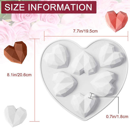 An image of a heart-shaped silicone mold designed for making chocolate or candy in the shape of diamond hearts. The mold features eight cavities, each shaped like a diamond heart. The dimensions of the mold are shown, with the overall size measuring approximately 7.7 inches (19.5 cm) wide and 8.1 inches (20.6 cm) long, and individual heart pieces being about 0.7 inches (1.8 cm) thick. The background includes soft pink roses.