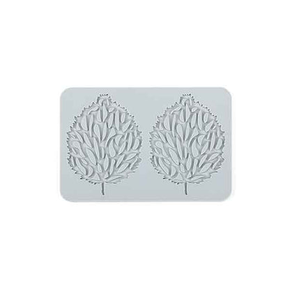 The image features a silicone mold designed to create 3D flower shapes with round leaves. The mold is rectangular and light gray in color, showcasing two intricately detailed leaf shapes. Each leaf is adorned with a variety of raised, smaller leaf patterns, enhancing the 3D effect. The edges of the mold are smooth and rounded.
