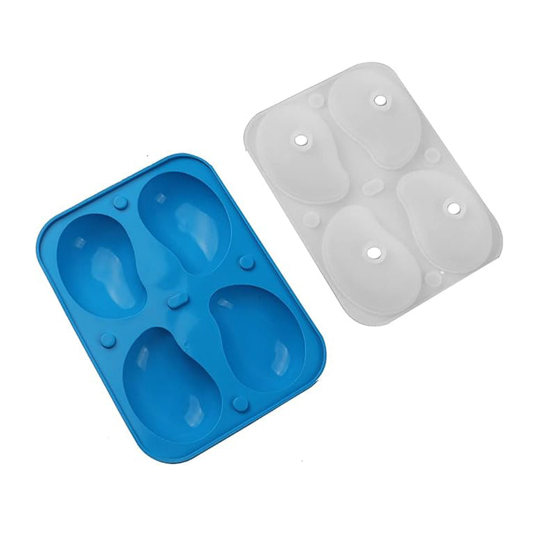Blue and white silicone ice mold trays, each with four paw-shaped cavities. The blue tray is on the left, conveying a playful and fun tone.