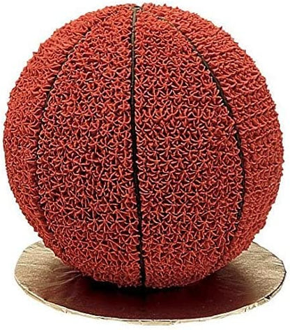 A realistic cake designed to resemble a basketball, featuring a textured surface made of red icing with black detailing to mimic the appearance of a basketball&