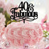 A round cake decorated with pink rose-shaped frosting sits on a table. Atop the cake is a black cake topper that reads "40 & Fabulous" in an elegant font. The background features soft pinks and pastel colors, with decorative elements adding to a celebratory atmosphere.