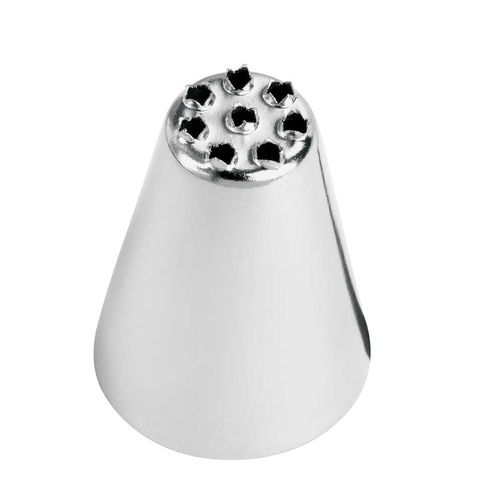 A metallic grass nozzle with a cone shape. The top features multiple small holes arranged in a circular pattern, designed for creating grass-like effects in decorating. The surface is shiny and smooth, reflecting light.