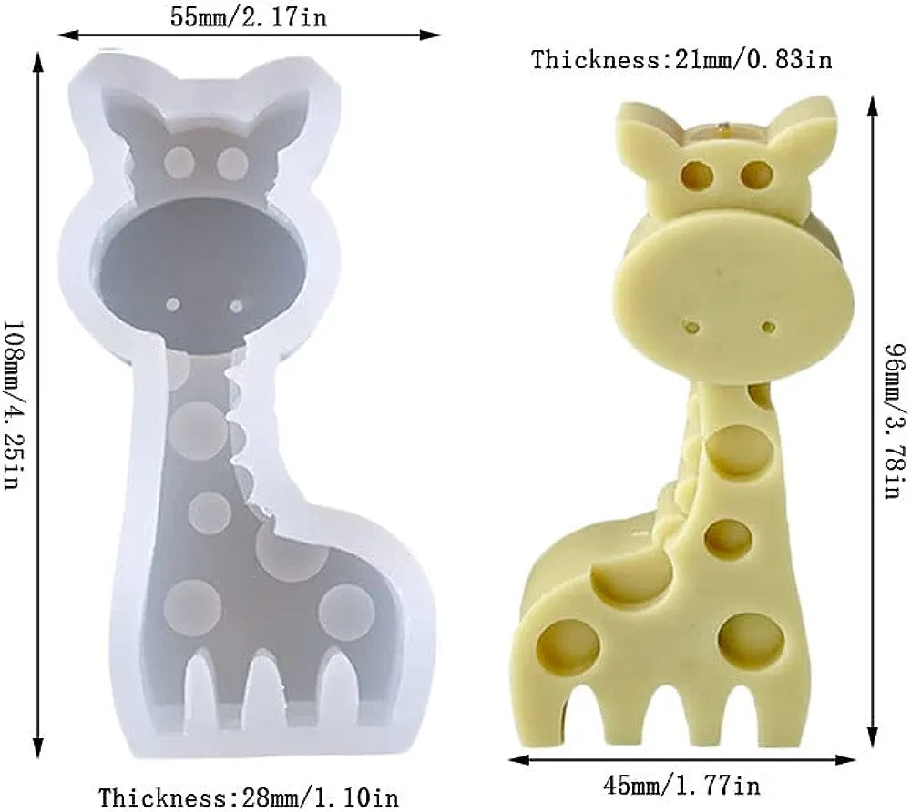 The image features a giraffe-shaped silicone mold alongside a finished giraffe figure made from the mold. The mold is white in color and has a hollow design allowing the creation of the giraffe shape, while the completed figure is a light yellow color with decorative spots. The image includes dimensions for both the mold and the figure, noting the mold&