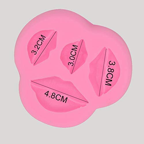 An image of a pink silicone mold designed for creating lip-shaped items. The mold features four various lip shapes, each with measurements indicated: one measuring 4.8 cm, two smaller ones measuring 3.2 cm and 3.0 cm, and another measuring 3.8 cm. The soft, flexible material allows for easy release of the molded shapes.
