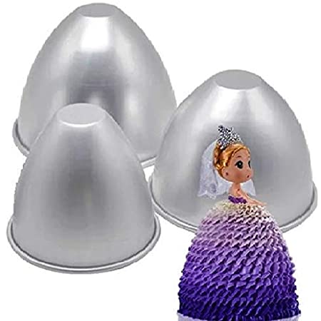 The image features three shiny silver doll cake pans shaped like inverted cones, which are used for making doll-shaped cakes. In front of the pans, there is a small doll wearing a tiara and a dress that fades from purple to white. The combination illustrates the cake-making process for creating a doll cake.