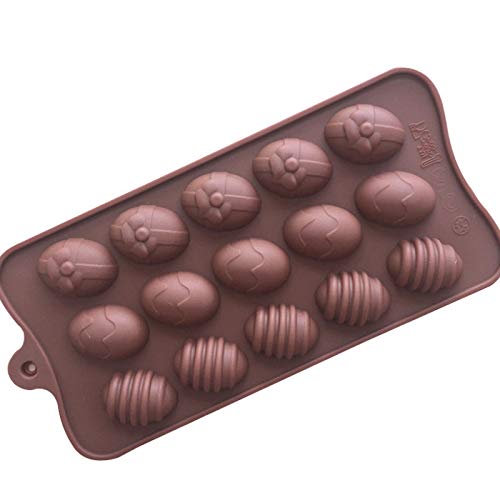 A silicone mould featuring 15 cavities shaped like decorative eggs. The mould is brown and contains a variety of egg designs, including smooth, patterned, and ribbed surfaces. The mould includes a handle on one end for easy handling.