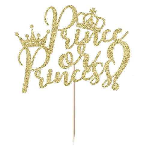 Gold glitter cake topper featuring the text &quot;Prince or Princess?&quot; with decorative crowns above the text. The topper has a wooden stick for insertion into cakes.